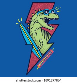 Vector illustration of cartoon dinosaur with surf