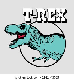 Vector illustration of cartoon dinosaur trex with college typography. T shirt graphic design.