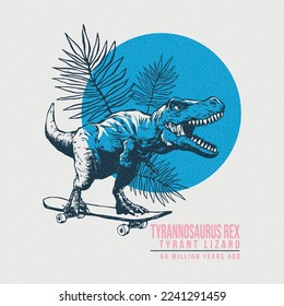 Vector illustration of cartoon dinosaur, t-rex with leaves and typography elements.