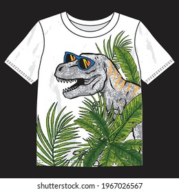 Vector illustration of cartoon dinosaur with tropical leaves. For kids t-shirt.