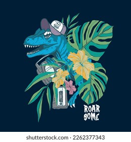 Vector illustration of cartoon dinosaur with tropical leaves and typography. For boys t shirt.