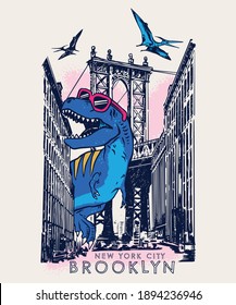 Vector illustration of cartoon dinosaur walking around the city