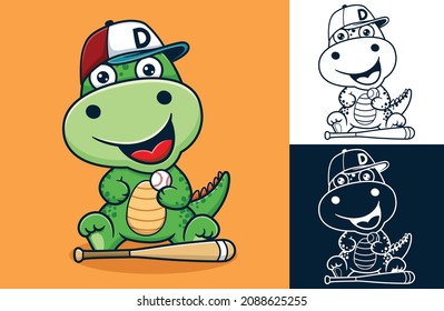 Vector illustration of cartoon dinosaur wearing baseball cap with baseball equipment