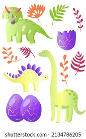 Vector illustration with cartoon dinosaurs, eggs and plants
