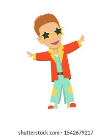 Vector illustration of cartoon disco dancer with star glasses.