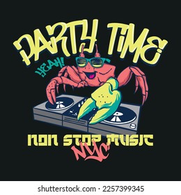 Vector illustration of cartoon dj crab and typography elements. For boys t-shirt.