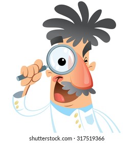 Vector illustration of cartoon doctor isolated in white background. Scientist looking through lens with big eye during research