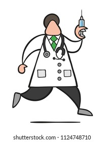 Vector illustration cartoon doctor man with stethoscope and running, holding syringe ready for injection.