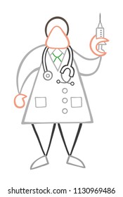 Vector illustration cartoon doctor man with stethoscope and standing, holding syringe ready for injection.