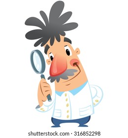 Vector illustration of cartoon doctor scientist with lens during a research isolated in white background