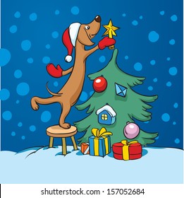 Vector illustration of cartoon dog arranging christmas tree. Easy-edit layered vector EPS10 file scalable to any size without quality loss. High resolution raster JPG file is included.