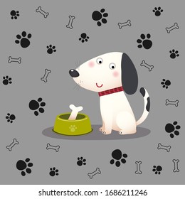 Vector illustration of a cartoon dog with bone in the bowl on paw and bone background.