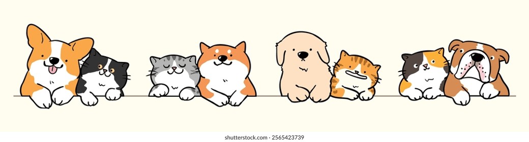 Vector Illustration of Cartoon Dog and Cat Couples on Isolated Background. Hand Drawn Vector Illustration. Not AI Generated.