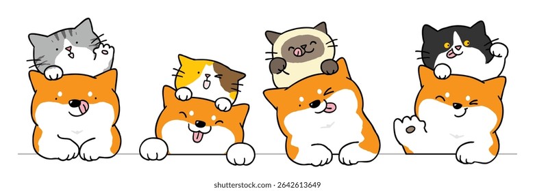 Ilustración vectorial de personajes de pareja de perros y gatos de dibujos animados sobre fondo aislado. Ilustración vectorial dibujada a mano. No se genera IA.