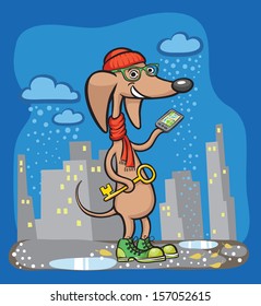 Vector illustration of cartoon dog character with smartphone and key. Easy-edit layered vector EPS10 file scalable to any size without quality loss. High resolution raster JPG file is included.