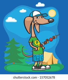 Vector illustration of cartoon dog character in picnic area. Easy-edit layered vector EPS10 file scalable to any size without quality loss. High resolution raster JPG file is included.