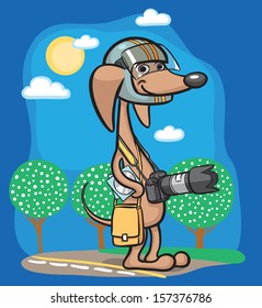 Vector illustration of cartoon dog character in helmet with photo camera. Easy-edit layered vector EPS10 file scalable to any size without quality loss. High resolution raster JPG file is included.