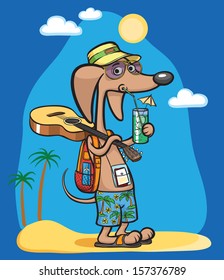 Vector illustration of cartoon dog character with cocktail at beach. Easy-edit layered vector EPS10 file scalable to any size without quality loss. High resolution raster JPG file is included.