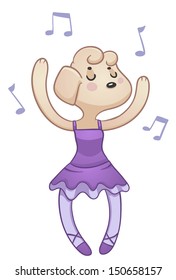 Vector illustration of a cartoon dog dancing ballet and wearing ballet clothes.