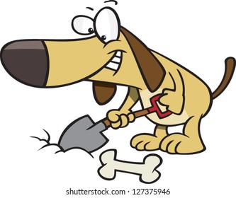 A Vector Illustration Of Cartoon Dog Digging A Hole With A Shovel To Bury His Bone