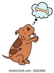 Vector illustration of cartoon dog dream about bone