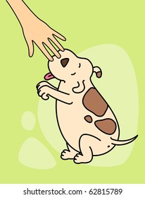 Vector illustration of cartoon dog  is petted by the hand of owner