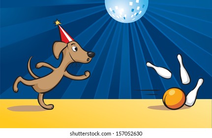 Vector illustration of cartoon dog playing bowling. Easy-edit layered vector EPS10 file scalable to any size without quality loss. High resolution raster JPG file is included.