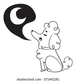 Vector illustration of a cartoon dog poodle sitting with closed eyes, howling to the moon.