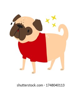 Vector illustration of a cartoon dog in a red sweater. On a white background with stars