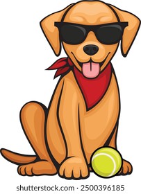 Vector illustration of a cartoon dog in a red bandana and sunglasses, with a green tennis ball.