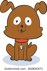 Vector illustration of a cartoon dog sitting and smiling, waving its tail, wearing a skull and with a teeth showing.