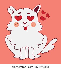 Vector illustration of a cartoon dog sitting with hearts in its eyes next to floating hearts.