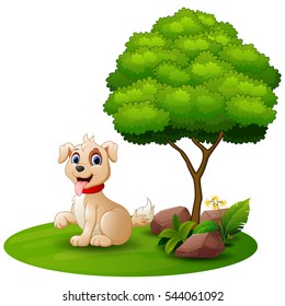 Vector illustration of Cartoon dog sitting under a tree on a white background