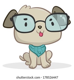Vector illustration of a cartoon dog, that wears glasses, sitting. Fully editable.