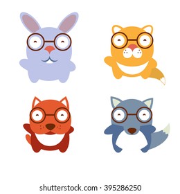 Vector illustration of cartoon dog; wolf; rabbit; cat. Set of wild animals included wildlife