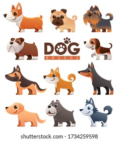 Vector illustration of Cartoon dogs breeds set. Cute dog.