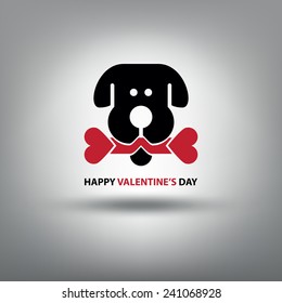 Vector illustration of cartoon dog's head with double-hearts bone