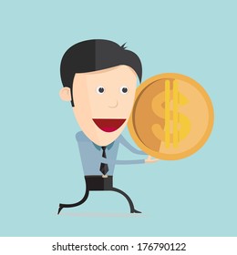Vector illustration of cartoon with dollar coin in flat design 