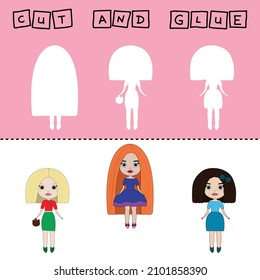 Vector illustration of  cartoon dolls lacking the desired element. paper game for the development of preschoolers. Cut out parts of the image and glue on the toy. A fun game for kids and kids
