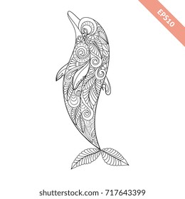Vector illustration cartoon dolphin with floral doodle ornament. Design for coloring book page. Decorative element