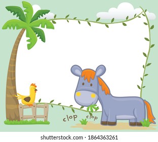 Vector illustration of cartoon donkey eating grass in garden with a chicken perch on fence under coconut tree, blank sign template