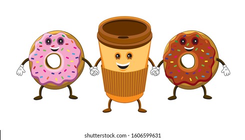 Vector illustration of cartoon donut and coffee characters