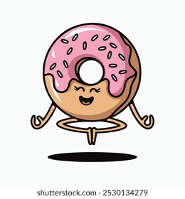 Vector illustration of a cartoon donut icon and a smiling yoga pose on a white background