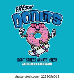 Vector illustration of cartoon donut with skateboard and typography elements.