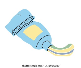 Vector illustration of cartoon doodle blue toothpaste isolated on white background. Hand drawn design. Object of medicine dental hygiene. Wash teeth element. Medical tube with paste for oral healthy.