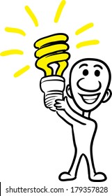 Vector illustration of cartoon doodle small person - with light bulb. Easy-edit layered vector EPS10 file scalable to any size without quality loss. High resolution raster JPG file is included. 