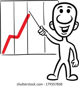 Vector illustration of cartoon doodle small person - with pointer and chart. Easy-edit layered vector EPS10 file scalable to any size without quality loss. High resolution raster JPG file is included.