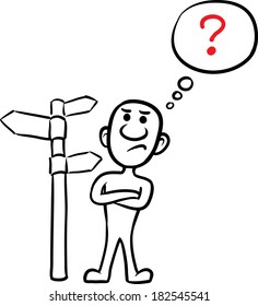 Vector illustration of cartoon doodle small person - thinking which way to go. Easy-edit layered vector EPS10 file scalable to any size without quality loss.