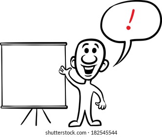 Vector illustration of cartoon doodle small person - showing presentation. Easy-edit layered vector EPS10 file scalable to any size without quality loss.