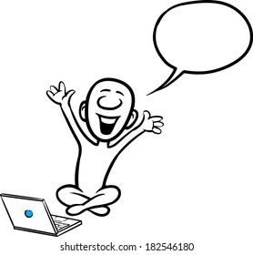 Vector illustration of cartoon doodle small person - cheering with laptop. Easy-edit layered vector EPS10 file scalable to any size without quality loss.
